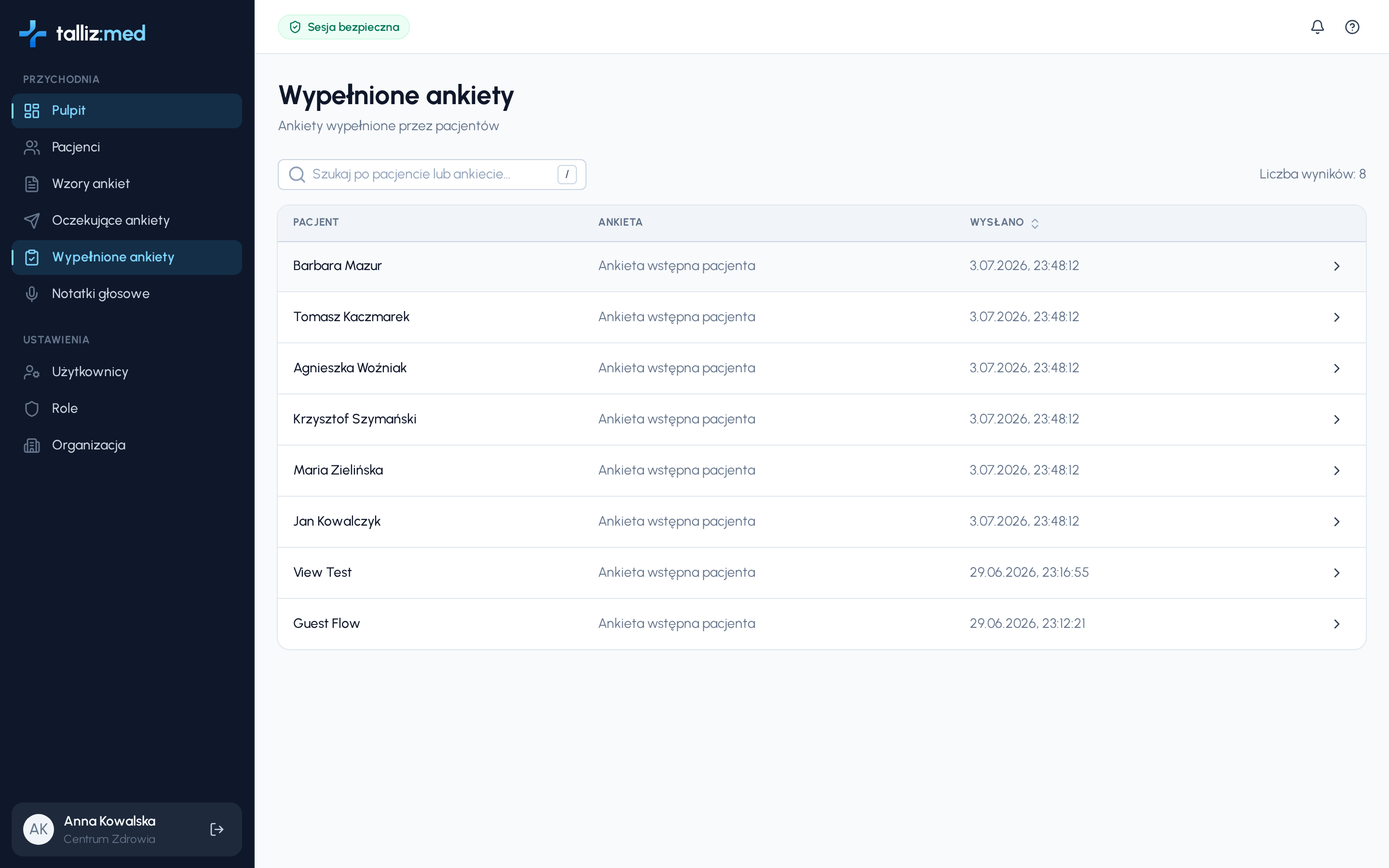 Lista wypełnionych ankiet